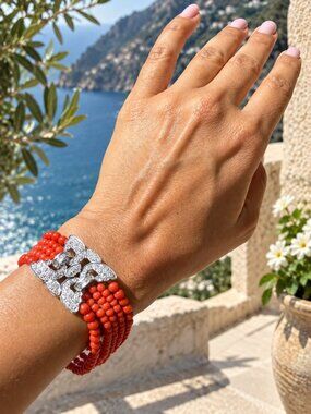 Vintage Sardinian Coral Platinum Diamond Bracelet, RARE Estate Piece